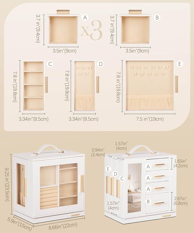 Homde Jewelry Box for Women Large: Rotating Organizer for Ring Earring Necklace Bracelet - 7 Drawers Storage for Dresser (White)