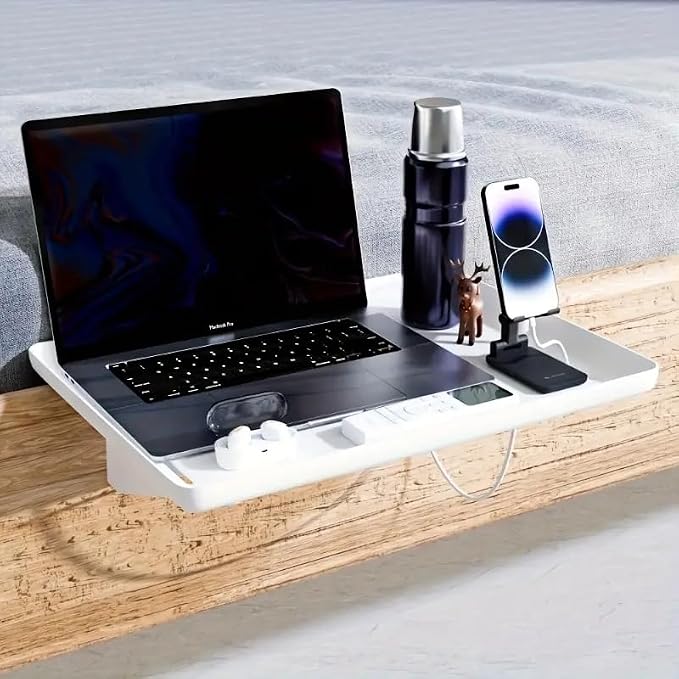 Bedside Shelf for Dorm Room Bunk Bed & Top Bunk, College Dorm Room Essentials, Bedside Caddy, Clip on Floating Desk Tray, Bed Side Table Storage, Loft Nightstand Decor - Cable Catch, Black