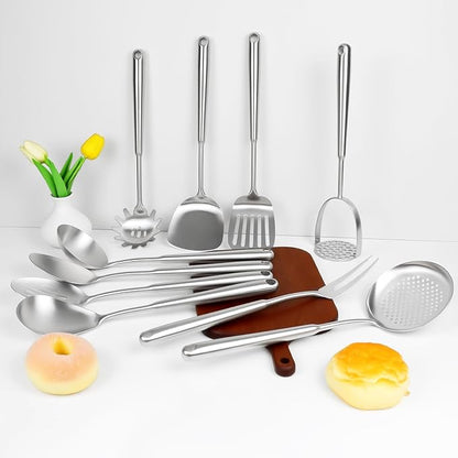 18 10 Stainless Steel Cooking Utensils Set, 10pcs Long Metal Kitchen Utensils Set Come with Spoon, Fork, Spatula, Ladle, Skimmer, Turner, Pasta Server(13-14inch)