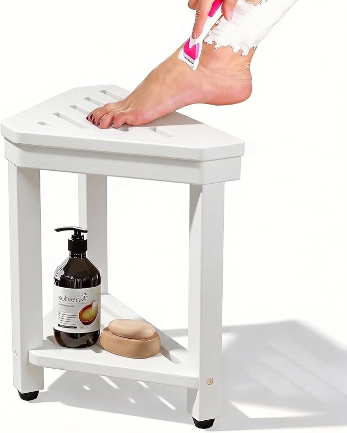 Shower Foot Rest 15 in, Acacia Shower Stool for Shaving Legs,Corner Bath Shower Bench with Starage Shelf for Inside Small Shower Spaces - White