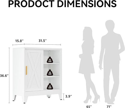 COFaR White 37" H Sliding Door Storage Cabinet, Half Open Half Closed Design, 3-Tier Kitchen Organizer with Adjustable Shelves, 150 lbs Top, Metal Coffee Bar & Buffet Sideboard for Dining Room