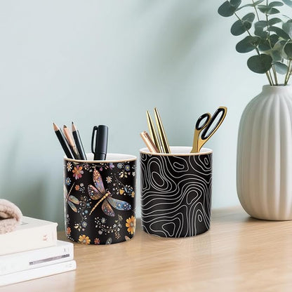 WAVEYU Pen Holder, Pencil Cup for Desk, Cute Makeup Brush Holder, Durable Ceramic Organizer Decor for Room, Office, Classroom, Cute Dragonfly Pattern