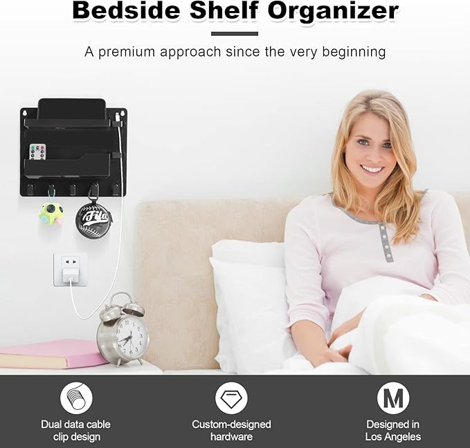 Wall Mount Shelf Organizer, Adhesive Bedside Shelf Accessories with Hooks and Cable Clips, Dorm Room Wall Storage for Phone, Remote, Earphone, Kindle, Plastic(Black)