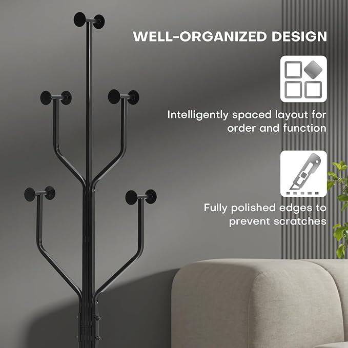 Coat Rack Freestanding with 10 Hooks, Metal Coat Rack Stand, Heavy Duty Standing Coat Tree with Sturdy Round Base for Clothes, Hat, Jacket/Entryway, Hallway, Bedroom, Black