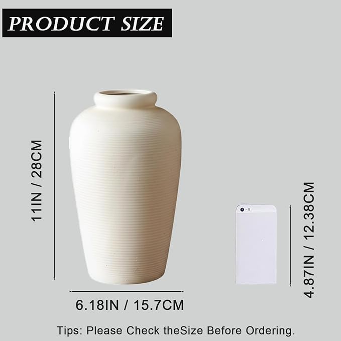 NEBRYX Large Ceramic Vase, 11 inch Minimalist Vase for Home Decor, Handmade Farmhouse Flower Vase for Table Centerpiece, Wedding, Living Room, Kitchen Decoration, Shelf Decor (Rice White)