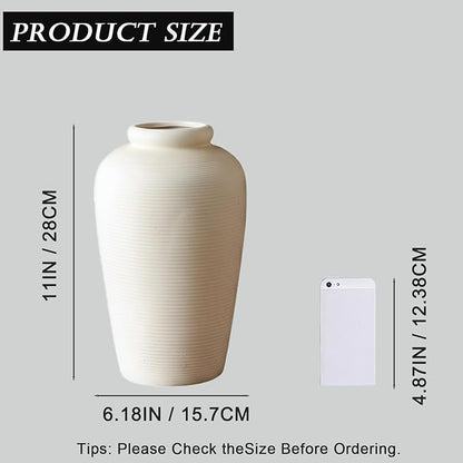 NEBRYX Large Ceramic Vase, 11 inch Minimalist Vase for Home Decor, Handmade Farmhouse Flower Vase for Table Centerpiece, Wedding, Living Room, Kitchen Decoration, Shelf Decor (Rice White)