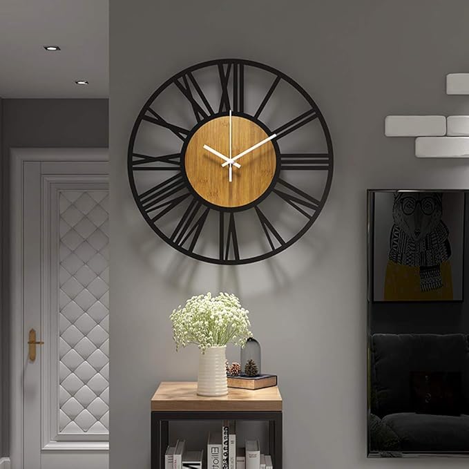1st owned Wall Clocks for Living Room Decor,13" Vintage,Round Silent Non Ticking,Black Metal,Modern Wood Clocks for Home Bedroom,Kitchen,Garden,Office,Cafe,Modern Wall Decoration -Roman Numerals