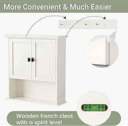 Bathroom Wall Cabinet, Wooden Medicine Cabinet Over Toilet Storage Cabinet with Doors and Adjustable Shelf Wall Mounted Storage Organizer Cabinet Above Toilet (Cream White)