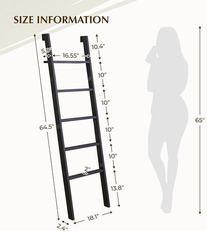 Blanket Ladder with Top Shelf, 5-Tier Wood 64” Decorative Ladder for Living Room Throws, Bedroom Quilt, Bathroom Towel & Toiletry Storage, Home Decor Stand (Black)