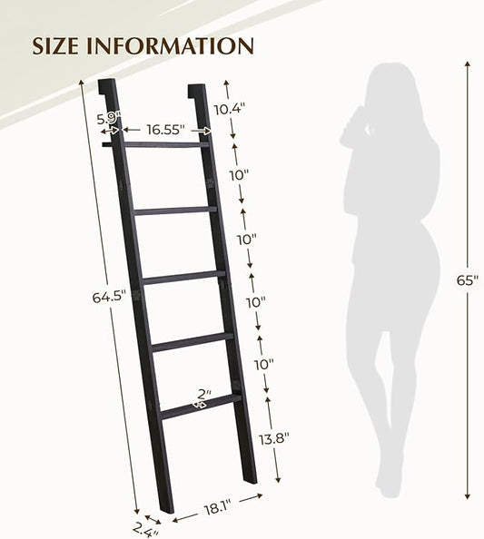 Blanket Ladder with Top Shelf, 5-Tier Wood 64” Decorative Ladder for Living Room Throws, Bedroom Quilt, Bathroom Towel & Toiletry Storage, Home Decor Stand (Black)