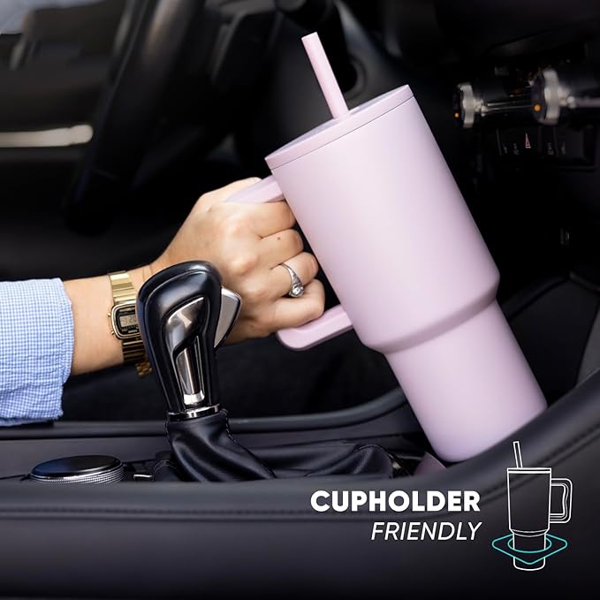Simple Modern 40 oz Trek Tumbler with Handle and Straw Lid | Cup Holder Friendly Insulated Stainless Steel Travel Mug | Cream Leopard
