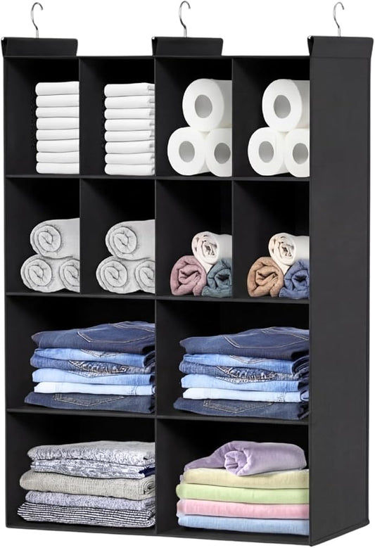 Ofiray-home 4 Tier Hanging Closet Organizer, 12 Compartments Sweater Organizer for Closet with 3 Sturdy Hooks, Closet Organizers and Storage, Wardrobe, Rv, Garment Rack, Black