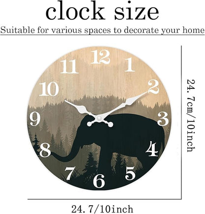 XFM 10 inch Elephant Wall Clock Silent Non-Ticking Clocks Forest Wildlife Wall Clocks Battery Operated Rustic Farmhouse Clock for Home Decor Living Room Kitchen Office