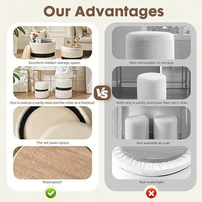 Velvet Round Ottoman Set of 2 with Storage, 12 Gallon Hidden Storage Ottoman, Multi-Functional Footrest Stool, Vanity Seat, Coffee Table, No Assembly Required, Holds 300lbs, (White)