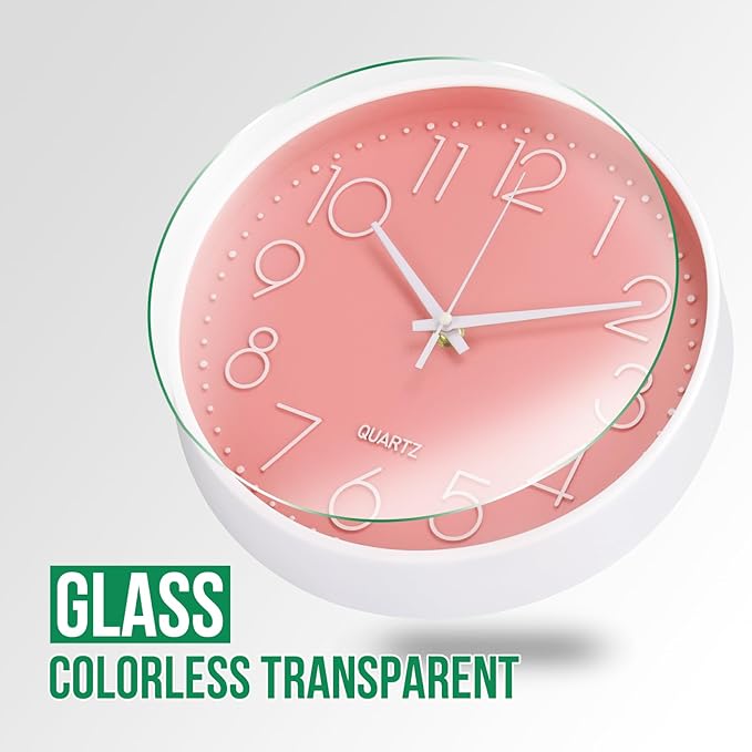 Wall Clock Non-Ticking Silent Modern Simple Style Round Decor Clock Stereoscopic Dial Quartz Wall Clocks for Home/Office/School/Living Room/Bedroom/Kitchen (Peach Pink, 12inch)