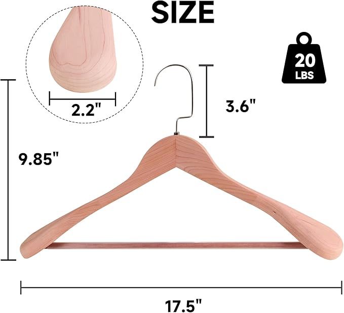 17.5" Wooden Suit Hangers with Non Slip Pants Bar, 12-Pack Wood Extra-Wide Shoulder Hangers with Flat-Head Hook for Suits, Coats, Jackets, Shirts, Pants, Heavy Clothes (Cedar Wood)