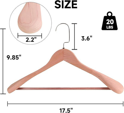 17.5" Wooden Suit Hangers with Non Slip Pants Bar, 2-Pack Wood Extra-Wide Shoulder Hangers with Flat-Head Hook for Suits, Coats, Jackets, Shirts, Pants, Heavy Clothes (Cedar Wood)