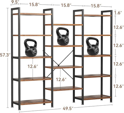 Casaottima Triple 5 Tier Bookshelf, Large Bookcase with 14 Open Display Shelves, Modern Industrial Book Shelves Book Case for Bedroom, Wide Standing Shelving Unit for Living Room Home Office, Vintage