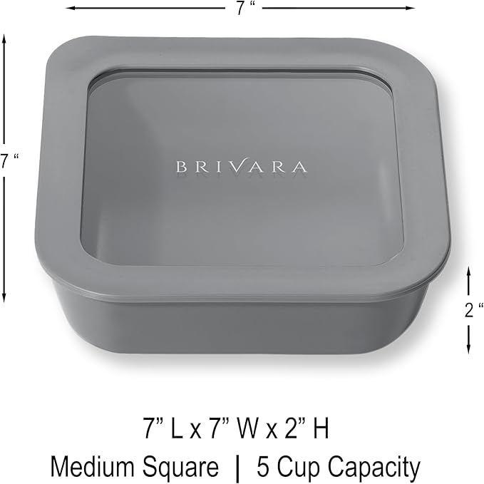 BRIVARA HOME Ceramic Coated Glass Food Storage Container | No PTFE, PFOA, PFAS, and BPA | Reusable Non Toxic Meal Prep Container with Glass Lid | Easy To Store | 5 Cup Square [Smoke]