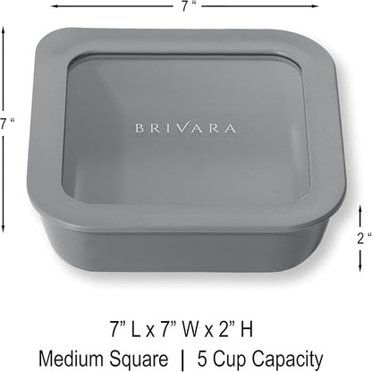 BRIVARA HOME Ceramic Coated Glass Food Storage Container | No PTFE, PFOA, PFAS, and BPA | Reusable Non Toxic Meal Prep Container with Glass Lid | Easy To Store | 5 Cup Square [Smoke]