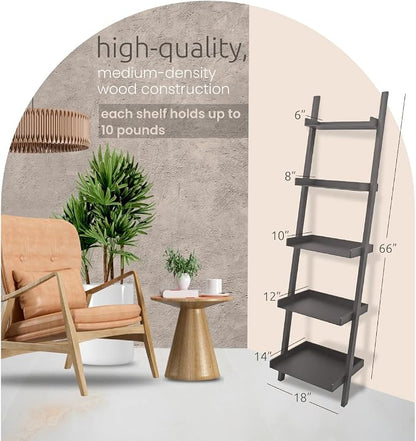 Kiera Grace Providence Hadfield 5 Tier Ladder Shelf, Leaning Bookshelf Storage Rack for Home, Office, 18" x 67", Medium Grey