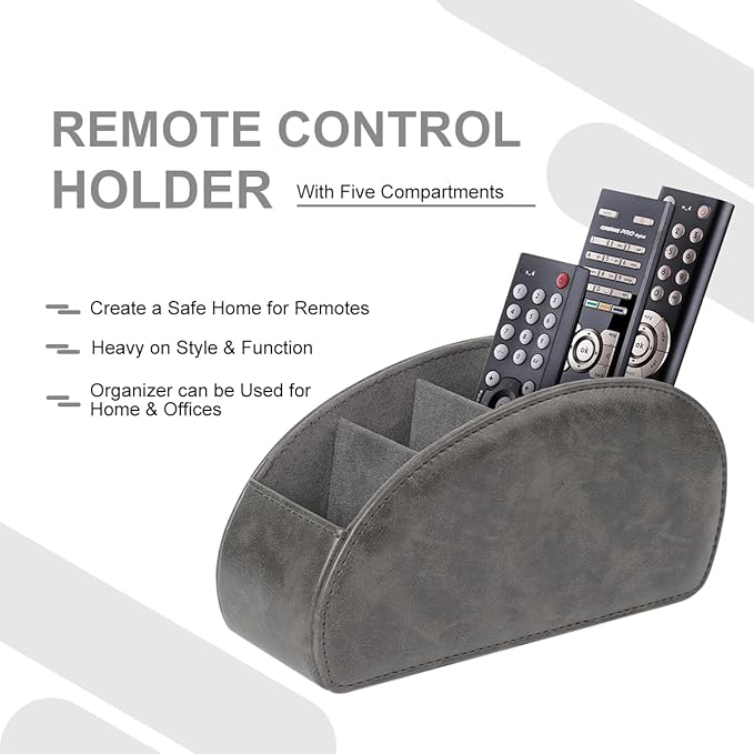 TV Remote Control Holder with 5 Compartments,Pu Leather Remote Caddy/Tray Bedside Table Desk Storage Organizer for DVD, Blu-Ray, Media Player, Heater Controllers andMakeup storage box (Grey)