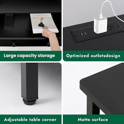27 Inch Wide Night Stand, Large Wood Night Stand with 2 Drawer, LED Nightstand with Charging Station and Adjustable Drawer, Bedside Table for Living Room/Bedroom/Study/Office, Black.