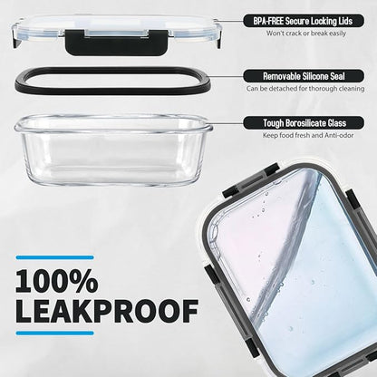AMALEKO 42pcs Glass Food Storage Containers with Snap Locking Lids Set, Glass Meal Prep Containers (21 Container & 21 Lids),Leak Proof Lunch Containers BPA-Free,Black