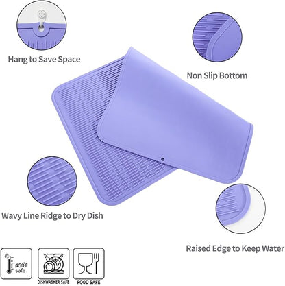 Silicone Dish Drying Mat for Multiple Usage,Easy clean,Eco-friendly,Heat-resistant Silicone Mat for Kitchen Counter or Sink,Refrigerator or Drawer Liner Light Purple 3XL 28 inches x 18 inches