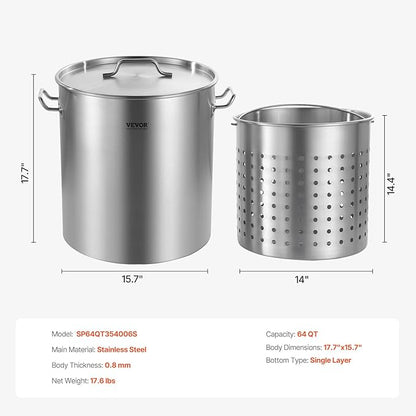 VEVOR Stainless Steel Stockpot, 64 Quart Large Cooking Pots, Cookware Sauce Pot with Basket, Lid, and Handle, Heavy Duty Commercial Grade Stock Pot, Sanding Treatment, for Large Groups Events Silver