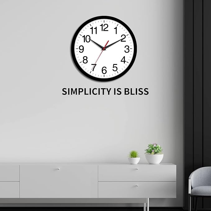 Rohioue Wall Clock Modern 10 Inch Black Battery Operated Silent Non Ticking Analog for Living Room Office Home Bedroom Kitchen Bathroom