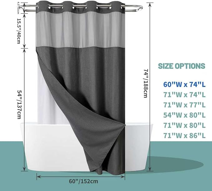 Charcoal No Hook Waffle Weave Shower Curtain with snap-in Liner Replacement, 230GSM Waterproof Fabric Hotel Shower Curtain Set for Bathroom, Through Mesh Top Window,60Wx74H
