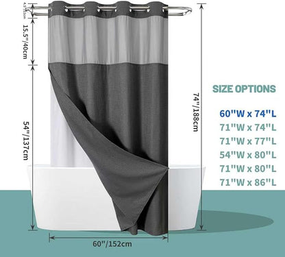 Charcoal No Hook Waffle Weave Shower Curtain with snap-in Liner Replacement, 230GSM Waterproof Fabric Hotel Shower Curtain Set for Bathroom, Through Mesh Top Window,60Wx74H