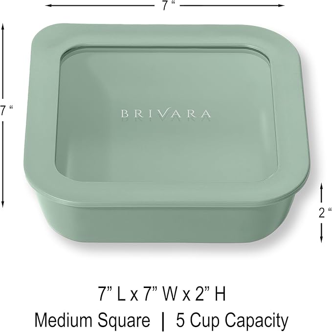 BRIVARA HOME Ceramic Coated Glass Food Storage Container | No PTFE, PFOA, PFAS, and BPA | Reusable Non Toxic Meal Prep Container with Glass Lid | Easy To Store | 5 Cup Square [Willow]