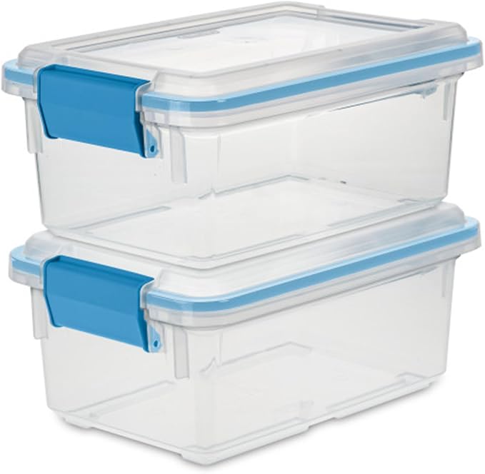 Sterilite 7.5 Qt Gasket Box, Stackable Storage Bin with Latching Lid and Tight Seal, Plastic Container to Organize Basement, Clear Base, Lid, 1-Pack