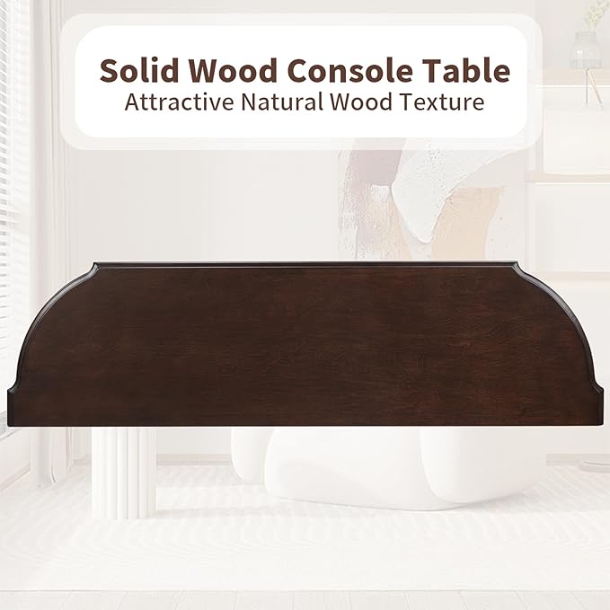 43" Retro Curved Console Table with Drawers, Solid Wood Half Moon Console Table Entry Sofa Table with Storage with Solid Pine Roman Legs Open Shelf for Small Spaces Living Room,Espresso