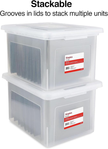 STAPLES Hanging File Folder Box, Storage Bin Organizer, Snap Lid, Letter & Legal Size Documents, Clear