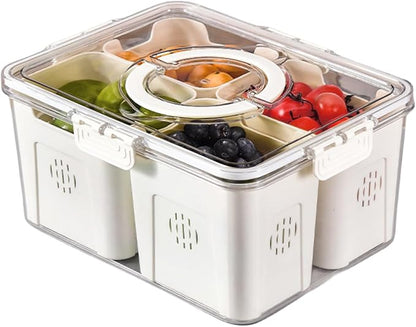 Stackable Refrigerator Organizer Bins with Lids, 4-Compartment Fridge Storage Container with Colanders & Handles, Clear Airtight Food Saver for Fruit, Vegetables & Berries