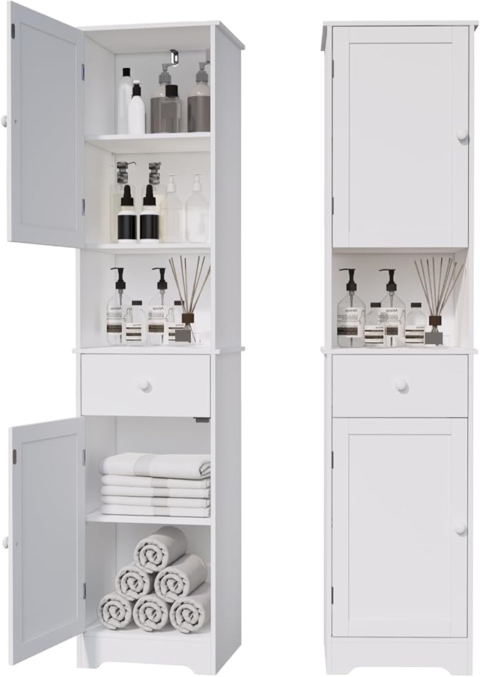 Tall Bathroom Cabinet, Storage Cabinet with 2 Doors & 2Drawer, with Ajustable Shelve, for Bathrooms, Kitchens,Entrances,Bedrooms（White）