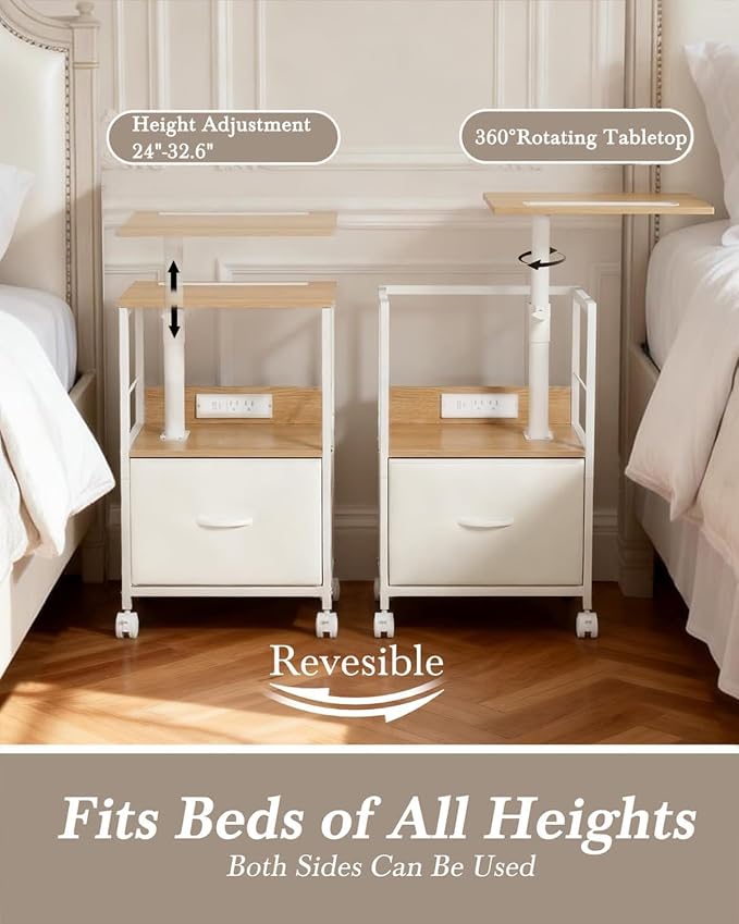 Faesun Swivel Lift Top Nightstand with Charging Station, Rolling Side Table for Recliner, Bedside Table with Wheels & a Fabric Drawer, for Small Spaces, for Bedroom, Living Room, Oak White
