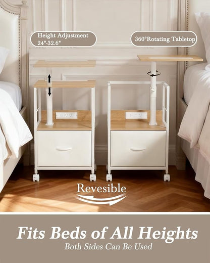 Faesun Swivel Lift Top Nightstand with Charging Station, Rolling Side Table for Recliner, Bedside Table with Wheels & a Fabric Drawer, for Small Spaces, for Bedroom, Living Room, Oak White