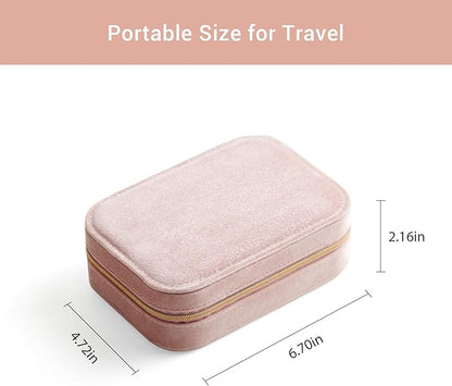 CASEGRACE Plush Velvet Travel Jewelry Box, Portable Jewelry Case for Women Girls, Double Layer Jewelry Organizer Display Box for Necklace Earring Rings Bracelet, Travel Accessory Gifts, Pink