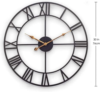 Large Industrial Wall Clock with Roman Numerals, Indoor Silent Non-Ticking Retro Clock, Vintage Metal Decorative Black Metal Art Clock Battery Operated for Home Kitchen Cafe Hotel Office Decor