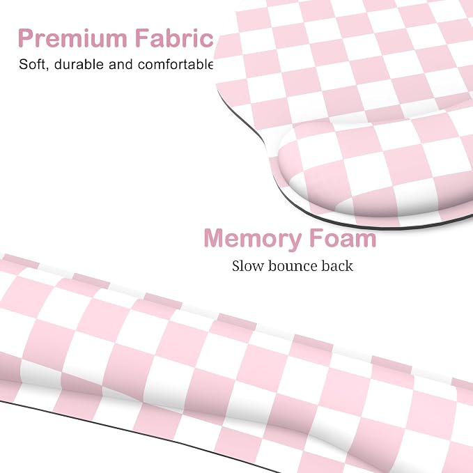 Ergonomic Mouse Pad with Wrist Rest and Keyboard Wrist Rest, Mousepad and Wrist Rest for Computer Keyboard, Pain Relief, Non-Slip Base, Mouse Pad with Wrist Support for Gaming, Office, Pink Checkered