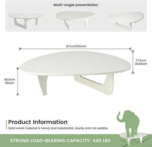 Solid Wood Triangle Coffee Table,Unique Mid Century Modern Oval Coffee Table,Irregular Geometric Tea Tables for Home Living Room with Wooden Tabletop and Reinforced Legs White 50" L x 31" W x 16" H