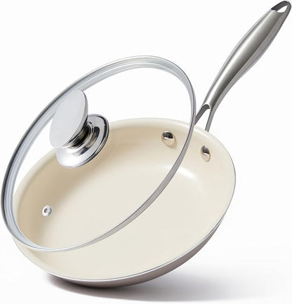 9.25 Inch Ceramic Nonstick Frying Pan with lid Skillet - PFAS-Free, Non-Toxic, Oven Safe & Induction Ready, Aluminum Cookware with Stainless Steel Handle
