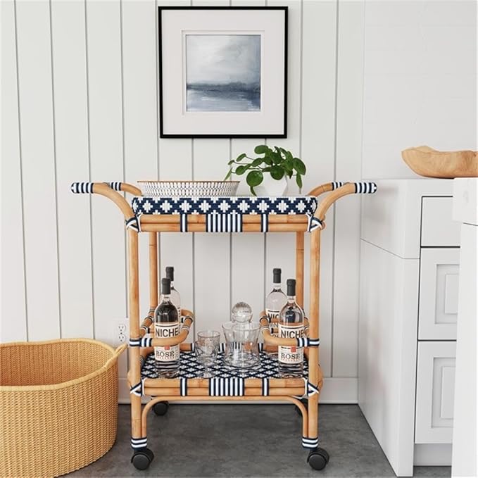 Butler Specialty Selena Rattan Bar Cart in Blue and White