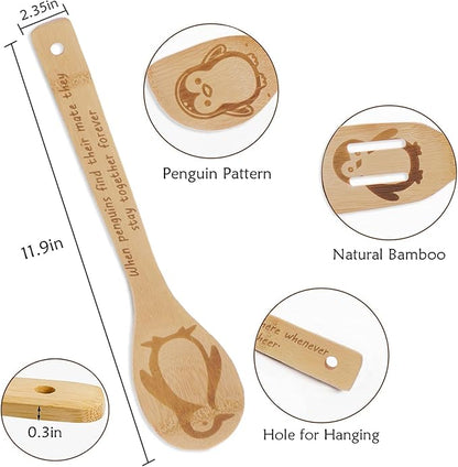 5PCS Penguin Wooden Cooking Spoons Kitchen Decor Penguin Gifts for Women Men Penguin Lovers Birthday Gifts Party Favors Housewarming Wedding Bamboo Cooking Spoons for Everyday Use