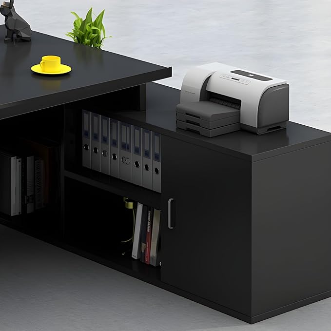 LITFAD Modern L-Shape Office Desk with Wood Base Executive Desks Boss Table Computer Desk Home Office Furniture with Drawers and Storage Shelves - Without Chairs 63" L x 23.6" W x 29.5" H Black