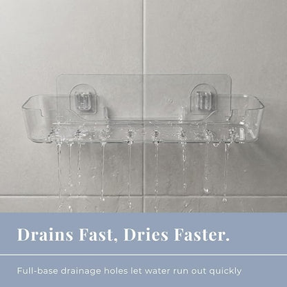 Acrylic Shower Shelf – Adhesive, No-Drill Bathroom Wall Shelf, Clear 12.2" x 3.54" x 1.77" Slim Organizer with Fast Drainage for Shower & Sink Toiletries